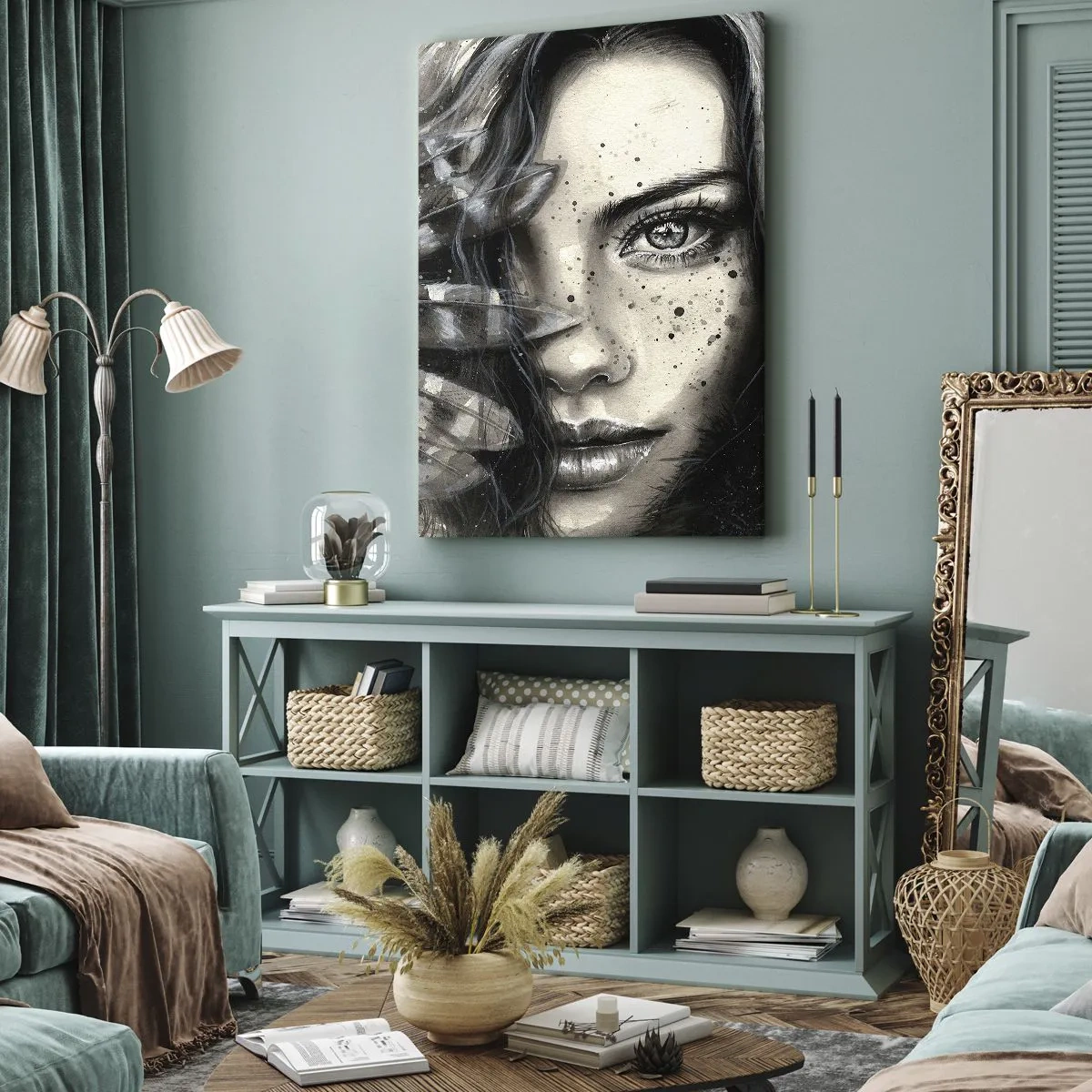 Quadro su tela - Stampe su Tela - Ritratto artistico di una donna con dettagli astratti - 50x70cm - Bellezza selvaggia - Decorazione murale moderna per soggiorno e camera da letto ARTTOR