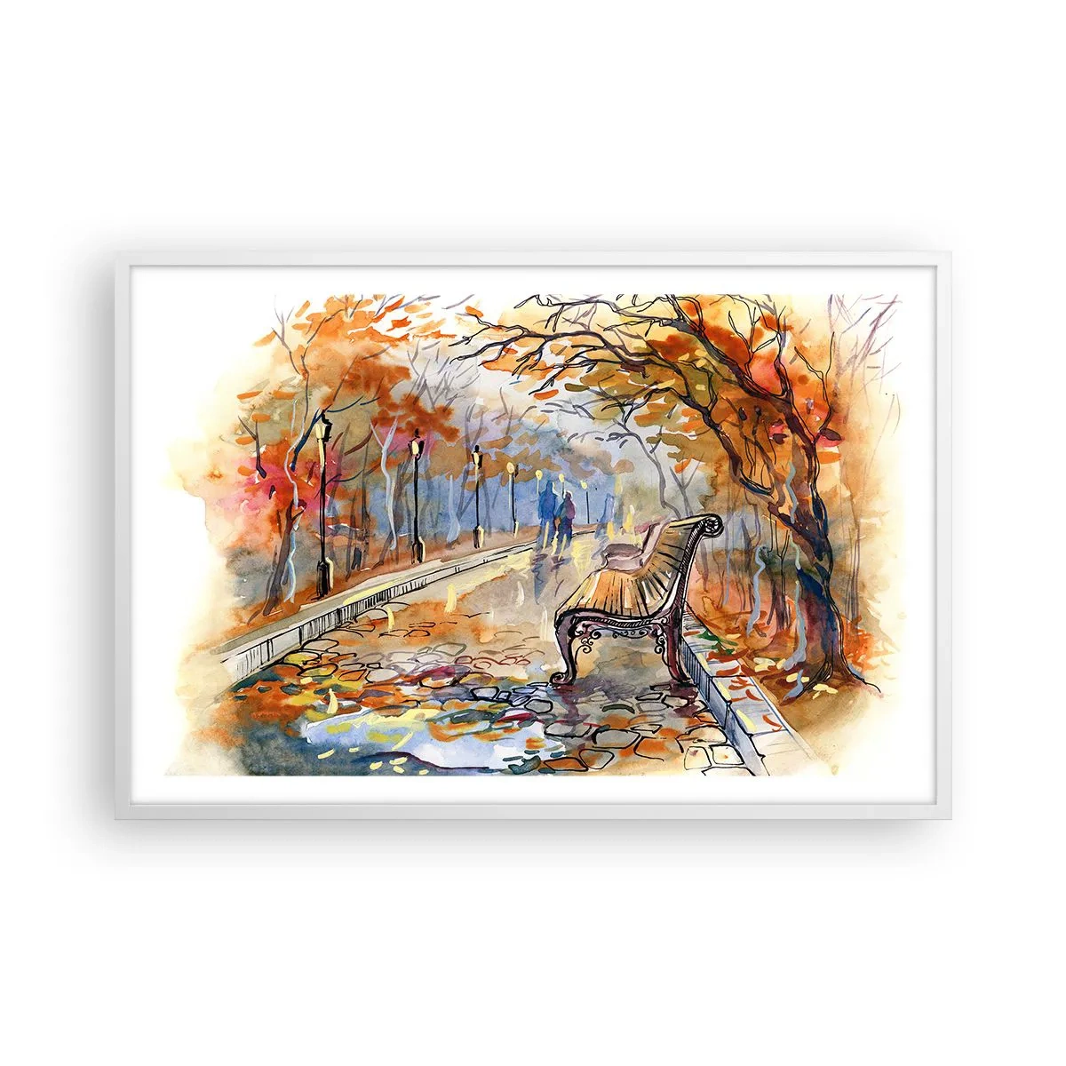 Poster in cornice bianca - Passeggiando insieme l'autunno - 91x61 cm