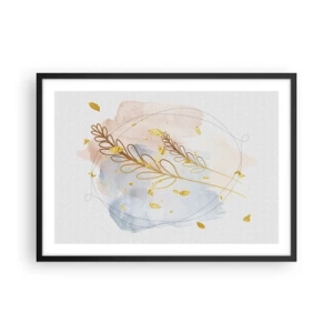 Poster in cornice nera - Un delicato motivo a foglia dorata su uno sfondo pastello con dettagli acquerellati. - 70x50cm - Soffio d'oro - Decorazione murale moderna per soggiorno e camera da letto ARTTOR