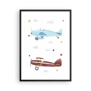Poster in cornice nera - Illustrazioni ad acquerello di due aerei che fluttuano tra le nuvole e le stelle. - 50x70cm - Aspettando il pilota - Decorazione murale moderna per soggiorno e camera da letto ARTTOR