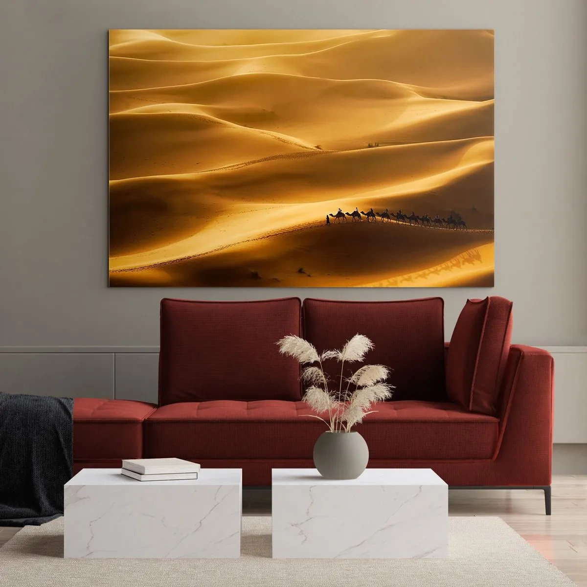 Quadro su vetro - Una carovana nel deserto sotto il sole - 120x80cm - La carovana sulle onde del deserto - Decorazione murale moderna per soggiorno e camera da letto ARTTOR