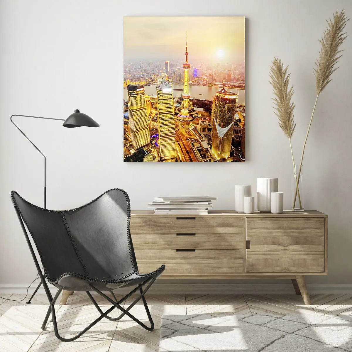 Quadro su vetro - Panorama della città al tramonto con grattacieli - 50x70cm - Sogno asiatico - Decorazione murale moderna per soggiorno e camera da letto ARTTOR