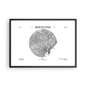 Poster in cornice nera - Una mappa di Barcellona in stile minimalista in bianco e nero - 70x50cm - Anatomia di Barcellona - Decorazione murale moderna per soggiorno e camera da letto ARTTOR