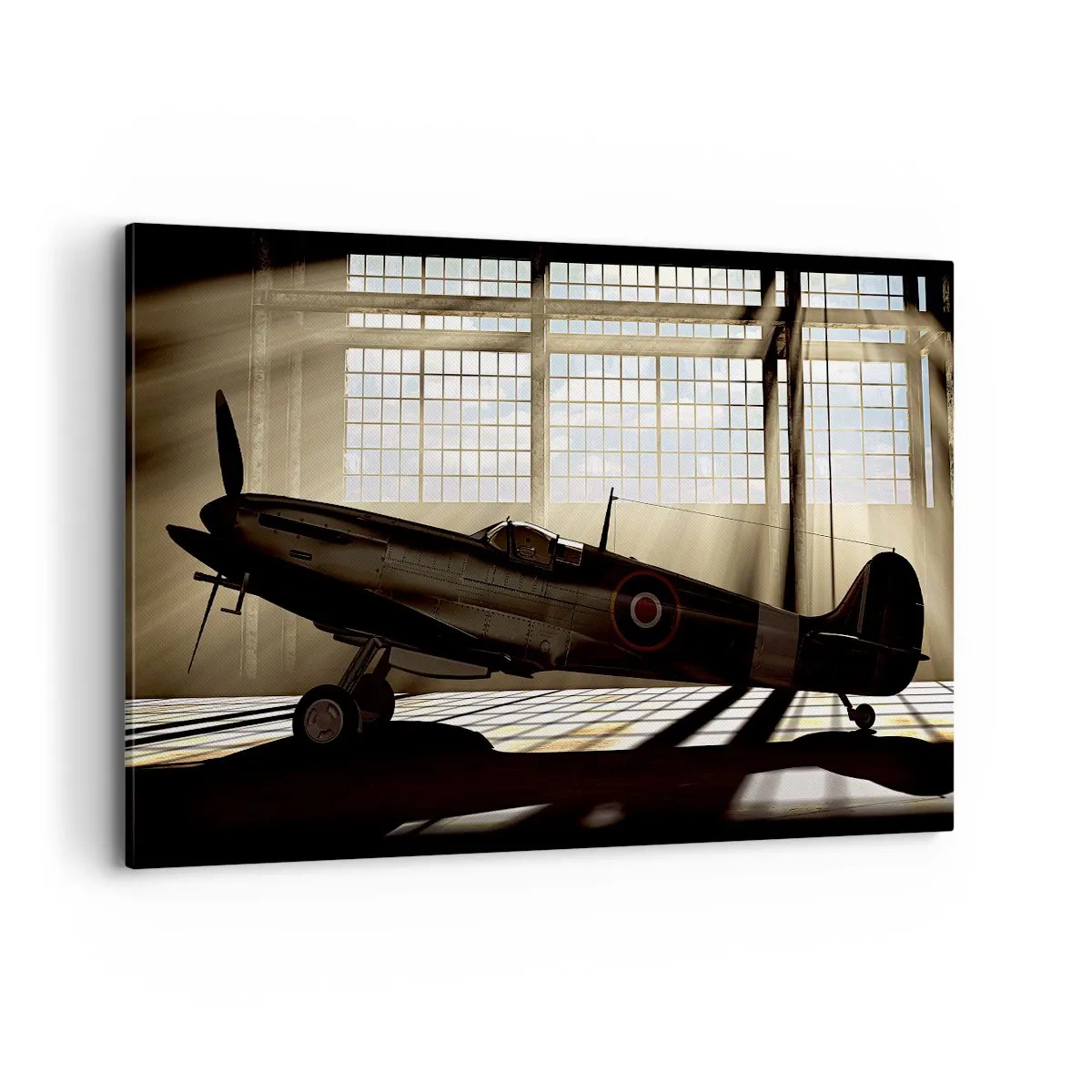 Quadro su tela - Stampe su Tela - Un aereo storico in un hangar illuminato dalla luce del sole - 120x80cm - Il riposo del guerriero - Decorazione murale moderna per soggiorno e camera da letto ARTTOR
