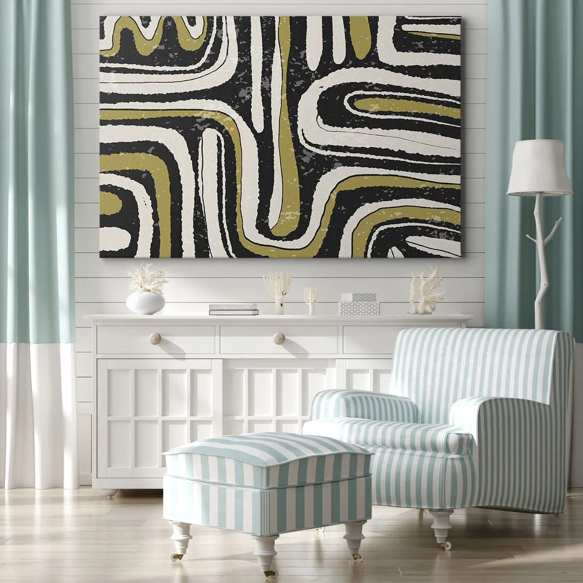 Quadro su tela - Stampe su Tela - Motivo astratto in nero, bianco e oro - 70x50cm - Composizione: strade e vicoli - Decorazione murale moderna per soggiorno e camera da letto ARTTOR