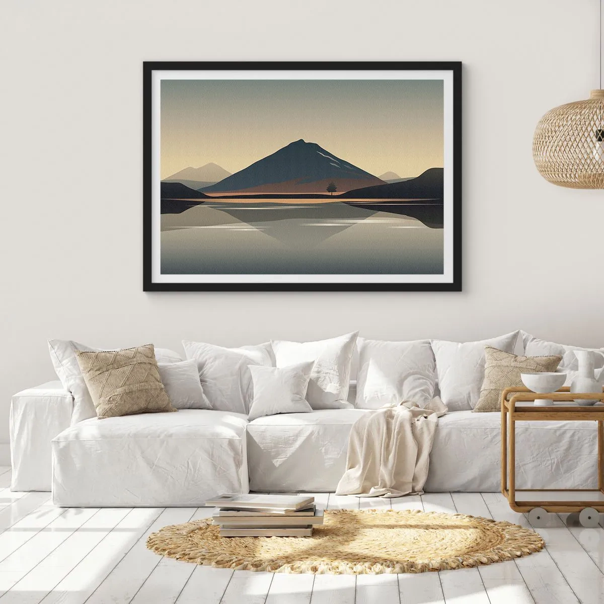Poster in cornice nera - Paesaggio montano minimalista con riflesso nell'acqua - 100x70cm - Immagine speculare - Decorazione murale moderna per soggiorno e camera da letto ARTTOR