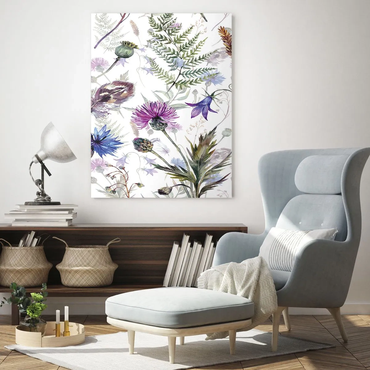 Quadro su vetro - Fiori ed erbe acquerellati su sfondo bianco in stile erbario - 80x120cm - Erbario polacco - Decorazione murale moderna per soggiorno e camera da letto ARTTOR