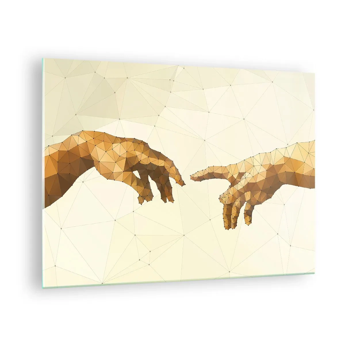 Quadro su vetro - Una versione stilizzata del dipinto "La creazione di Adamo" in tecnica poligonale - 70x50cm - Geometria divina - Decorazione murale moderna per soggiorno e camera da letto ARTTOR