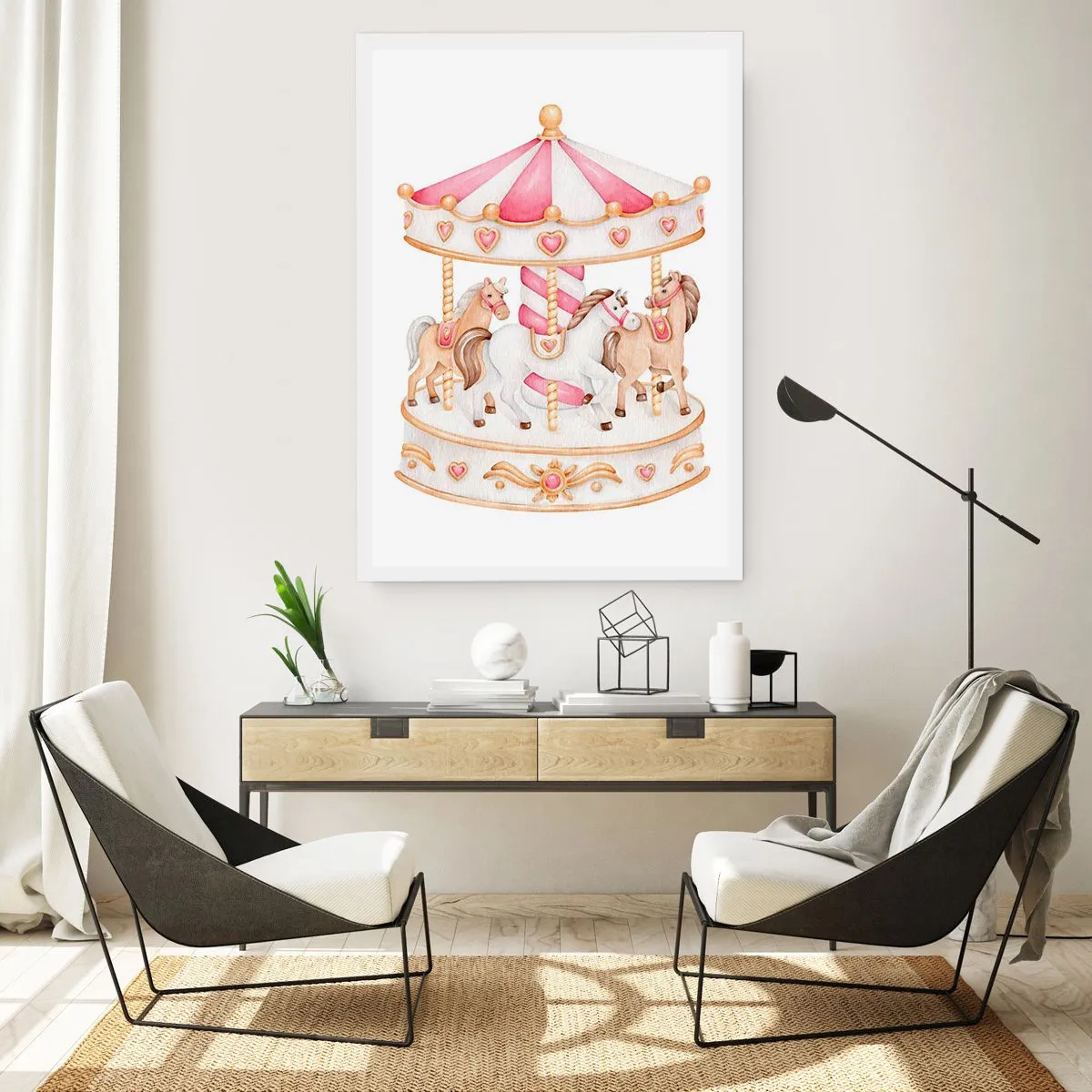Poster - Giostra ad acquerello in tonalità pastello di rosa - 50x70cm - Il dolce mondo dell'infanzia - Decorazione murale moderna per soggiorno e camera da letto ARTTOR