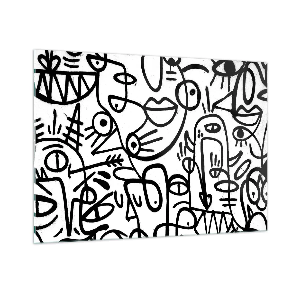 Quadro su vetro - Astrazione in bianco e nero con occhi, volti e linee - 100x70cm - Volti e miraggi - Decorazione murale moderna per soggiorno e camera da letto ARTTOR