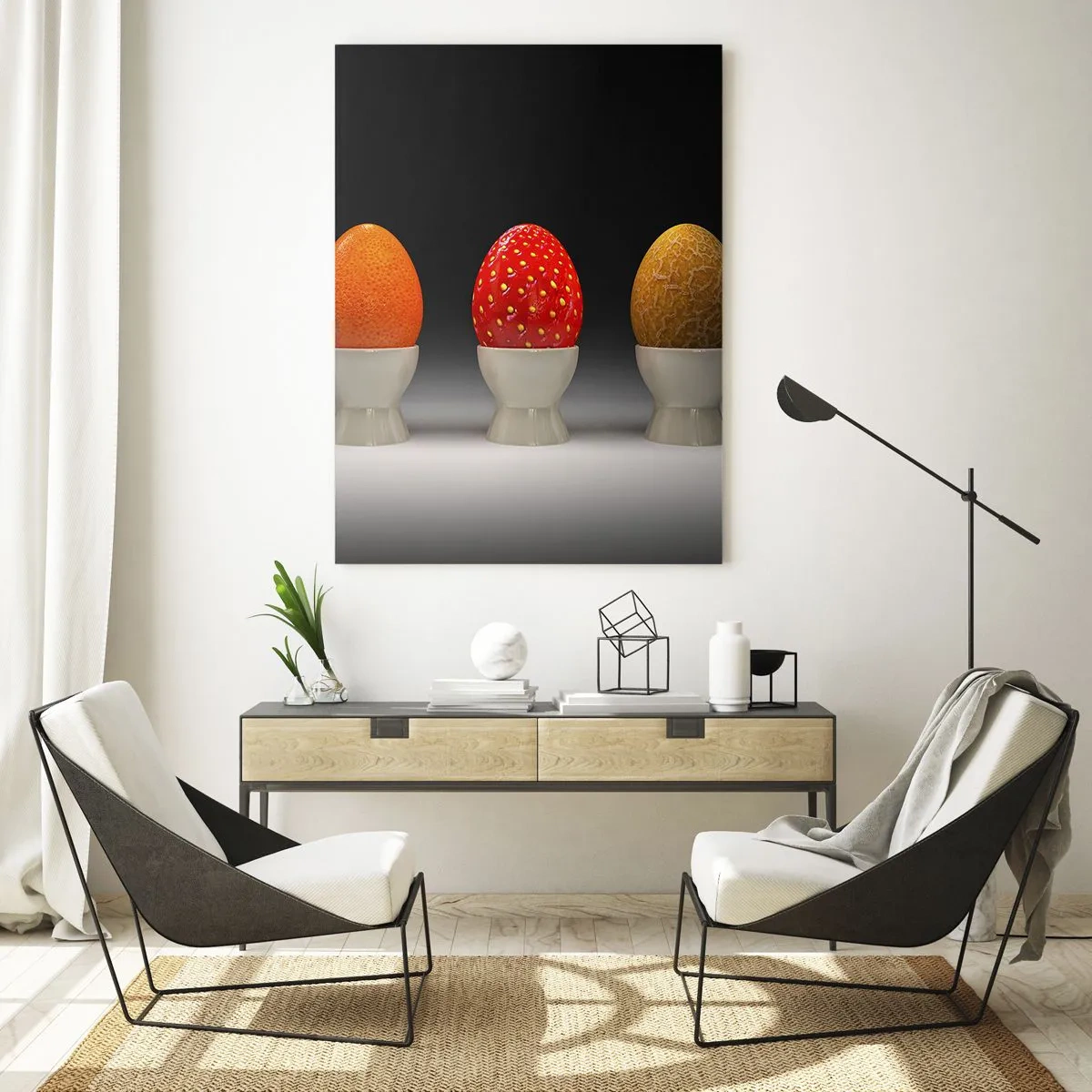 Quadro su vetro - Uova in gusci di frutta su un supporto - 50x70cm - Colazione alla frutta - Decorazione murale moderna per soggiorno e camera da letto ARTTOR