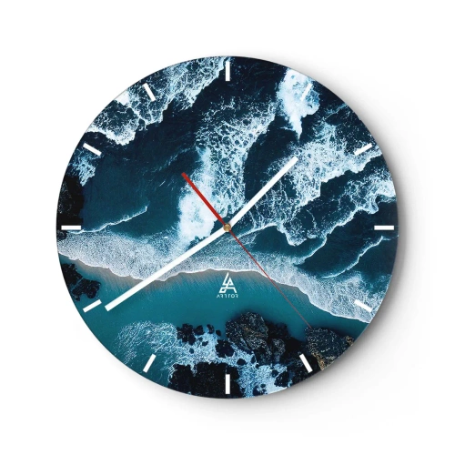 Orologio da parete - Orologio in Vetro - Onde che si infrangono sulla riva viste da una prospettiva a volo d'uccello - 30x30cm - Avvolte dalle onde - Decorazione murale moderna per soggiorno, cucina e camera da letto ARTTOR