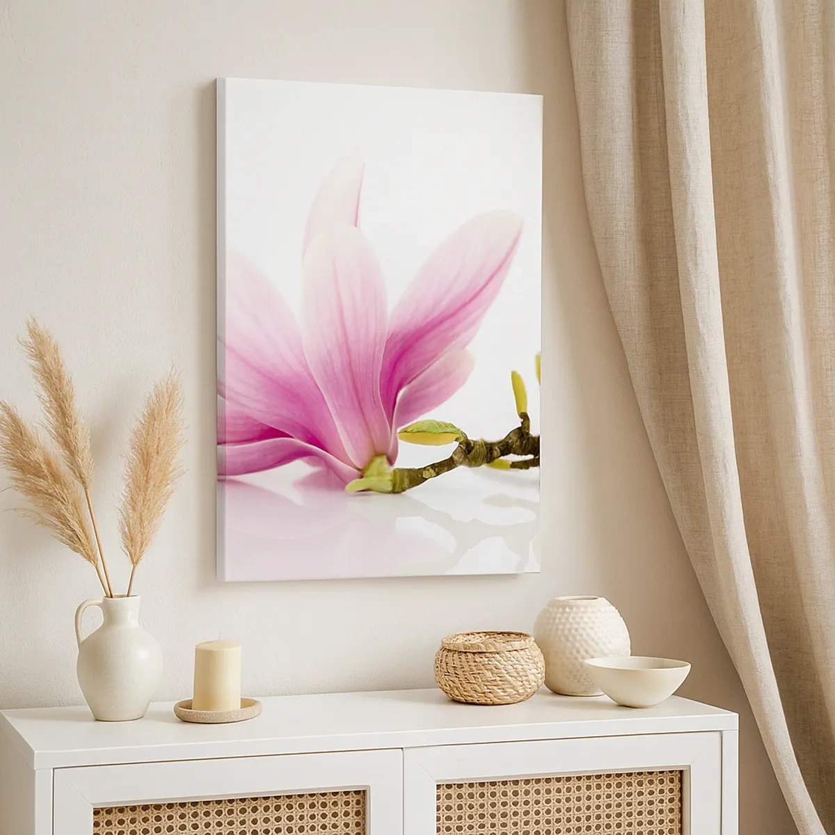 Quadro su tela - Stampe su Tela - Delicate magnolie rosa su sfondo bianco - 50x70cm - Delicati come un soffio di primavera - Decorazione murale moderna per soggiorno e camera da letto ARTTOR