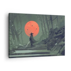Quadro su tela - Stampe su Tela - Un guerriero solitario con una spada sullo sfondo di una luna rossa in una foresta oscura. - 70x50cm - Il guerriero della luna rossa - Decorazione murale moderna per soggiorno e camera da letto ARTTOR