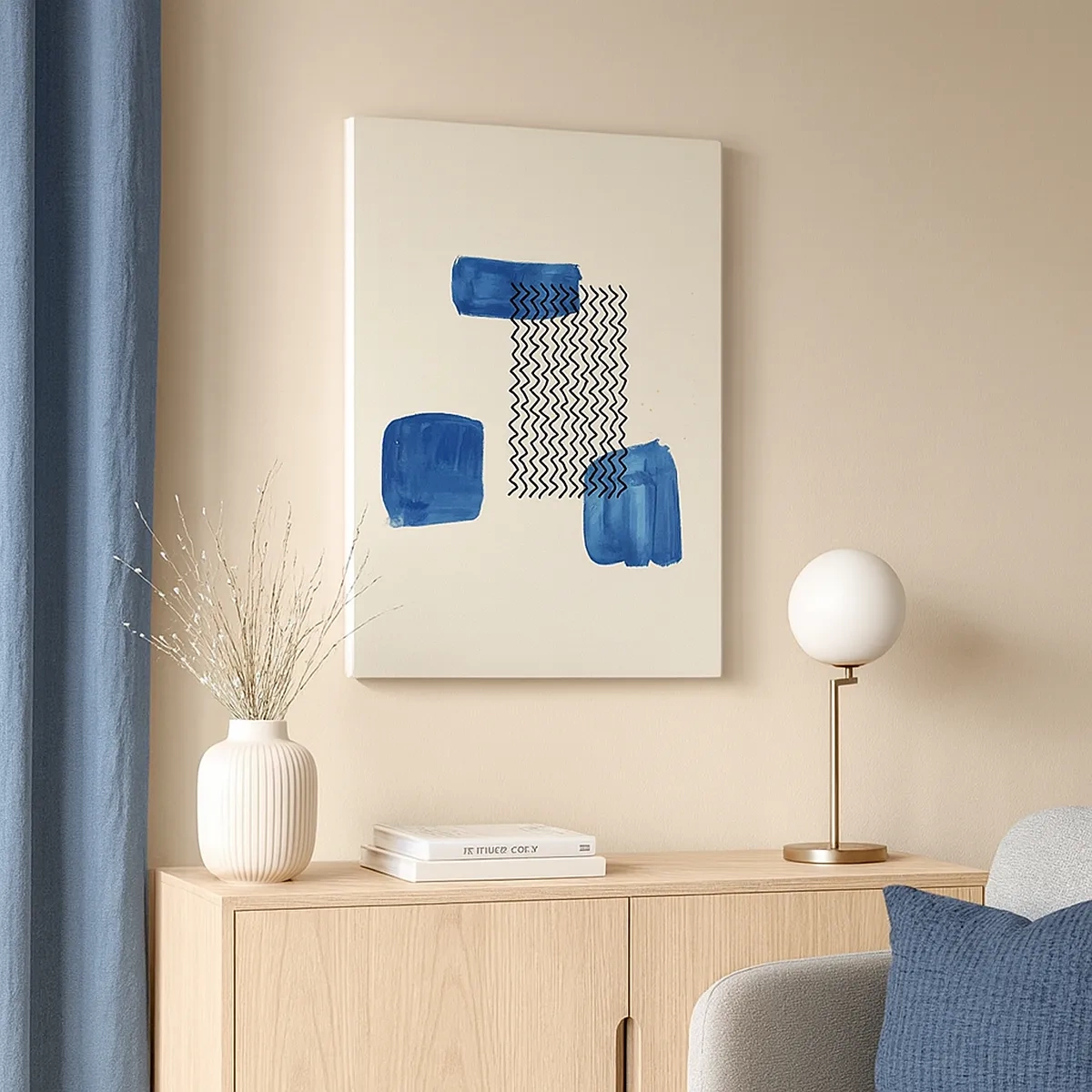 Quadro su tela - Stampe su Tela - Composizione astratta con macchie blu e linee ondulate - 50x70cm - Quartetto astratto - Decorazione murale moderna per soggiorno e camera da letto ARTTOR