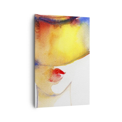 Quadro su tela - Stampe su Tela - Un dipinto ad acquerello minimalista raffigurante il profilo di una donna con un cappello colorato. - 80x120cm - Ritratto di donna - Decorazione murale moderna per soggiorno e camera da letto ARTTOR