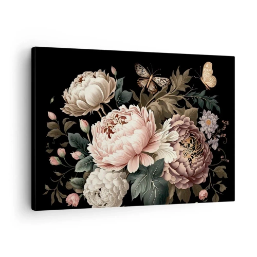 Quadro su tela - Stampe su Tela - Un bouquet di fiori rosa e farfalle su uno sfondo nero - 70x50cm - In stile barocco - Decorazione murale moderna per soggiorno e camera da letto ARTTOR