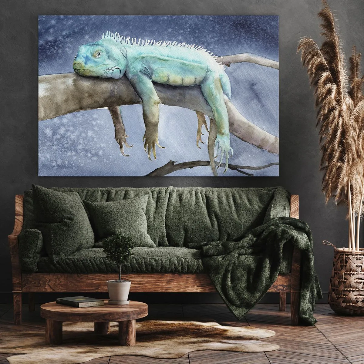 Quadro su tela - Stampe su Tela - Iguana blu che riposa su un ramo - 70x50cm - Va tutto bene! - Decorazione murale moderna per soggiorno e camera da letto ARTTOR