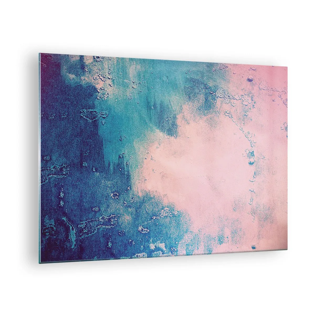 Quadro su vetro - Una combinazione astratta di blu e rosa cipria con texture - 70x50cm - Abbracci nel blu - Decorazione murale moderna per soggiorno e camera da letto ARTTOR