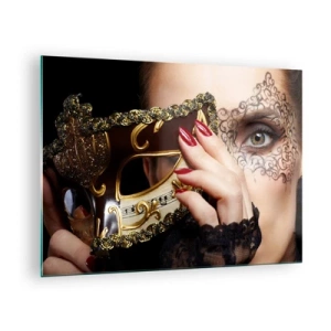 Quadro su vetro - Una maschera veneziana dorata sul volto di una donna - 70x50cm - Il mio mondo è barocco - Decorazione murale moderna per soggiorno e camera da letto ARTTOR