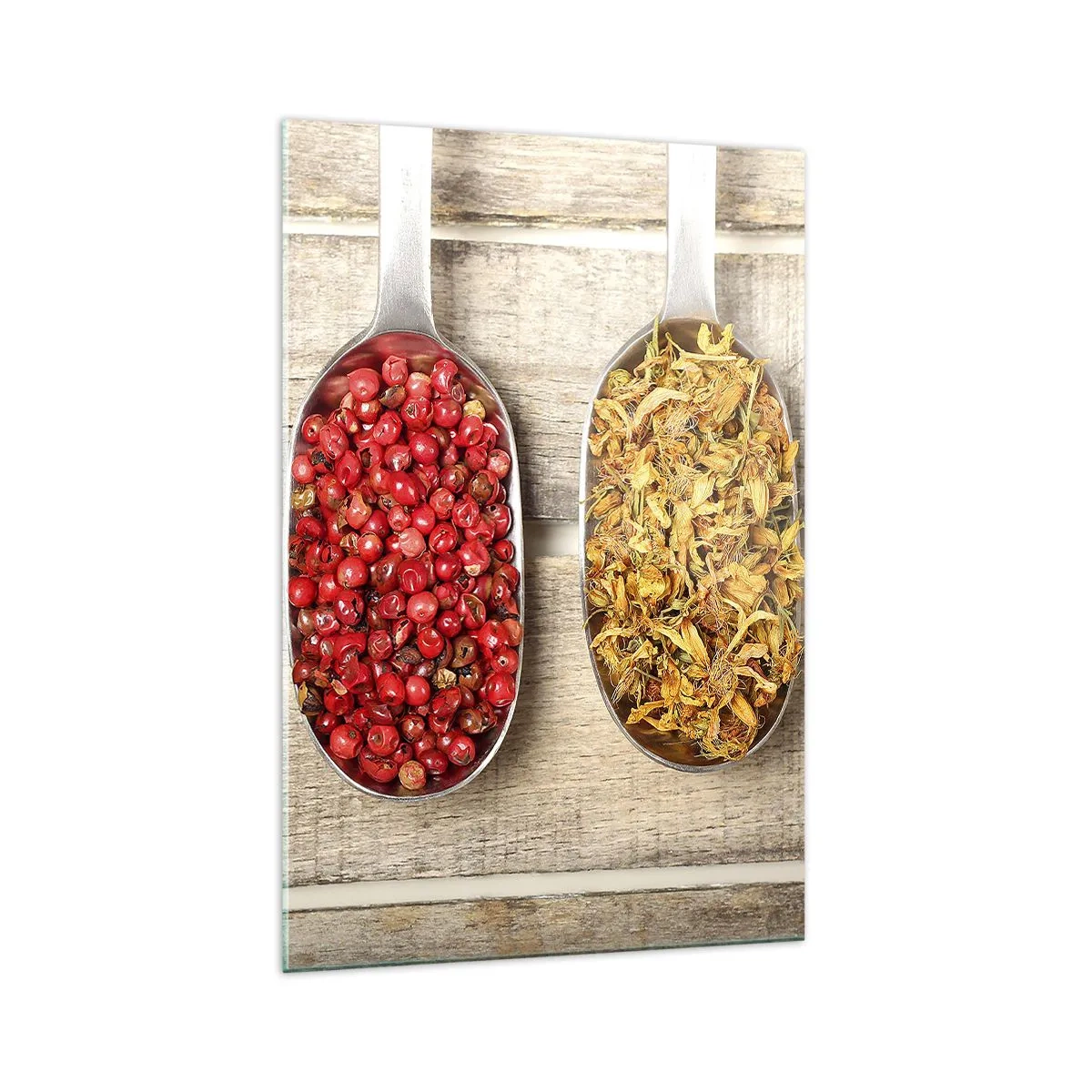 Quadro su vetro - Tre cucchiai di metallo con spezie su uno sfondo di legno - 70x100cm - Magia in cucina - Decorazione murale moderna per soggiorno e camera da letto ARTTOR