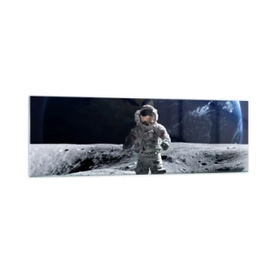 Quadro su vetro - Astronauta sulla superficie della Luna con la Terra sullo sfondo - 160x50cm - Saluti dalla luna - Decorazione murale moderna per soggiorno e camera da letto ARTTOR