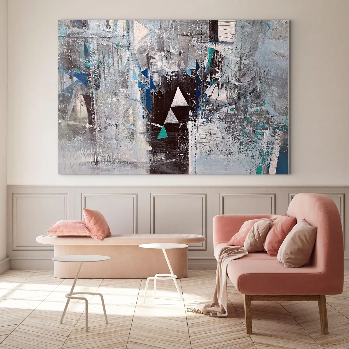 Quadro su vetro - Triangoli geometrici sullo sfondo di una composizione astratta in tonalità di grigio. - 120x80cm - L'ordine superiore dei triangoli - Decorazione murale moderna per soggiorno e camera da letto ARTTOR