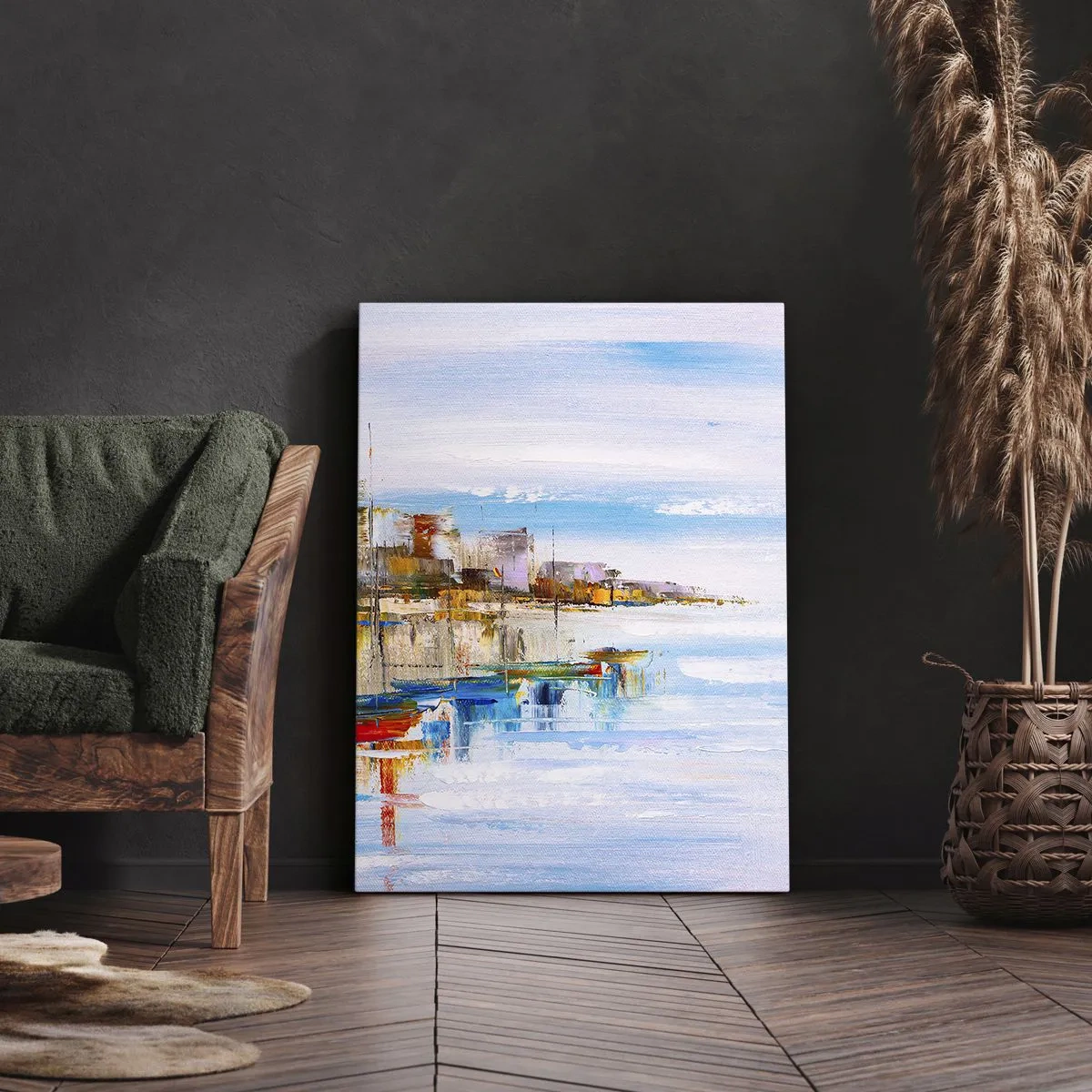 Quadro su tela - Stampe su Tela - Barche colorate sulla riva con vista sullo skyline della città - 70x100cm - Molo cittadino multicolore - Decorazione murale moderna per soggiorno e camera da letto ARTTOR