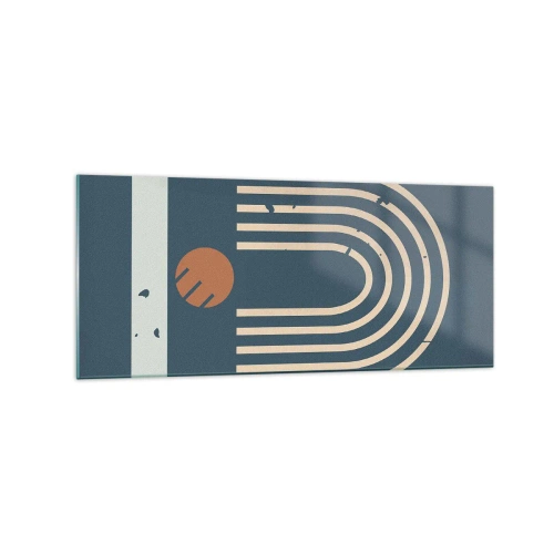 Quadro su vetro - Motivo geometrico nei toni del blu navy, beige e arancione su sfondo scuro - 120x50cm - Geometria in blu - Decorazione murale moderna per soggiorno e camera da letto ARTTOR