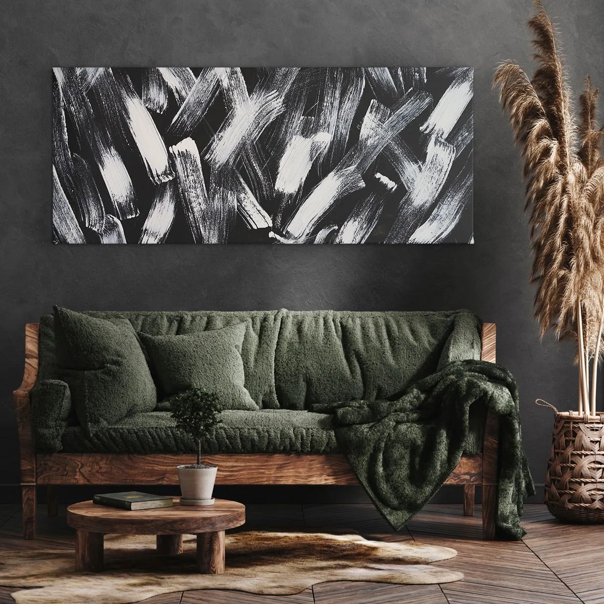 Quadro su tela - Stampe su Tela - Astrazione dinamica con pennellate bianche su sfondo nero. - 140x50cm - Astrazione in spirito industriale - Decorazione murale moderna per soggiorno e camera da letto ARTTOR