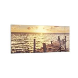 Quadro su vetro - Un molo di legno che conduce verso il tramonto - 120x50cm - Il paese dorato della mitezza - Decorazione murale moderna per soggiorno e camera da letto ARTTOR