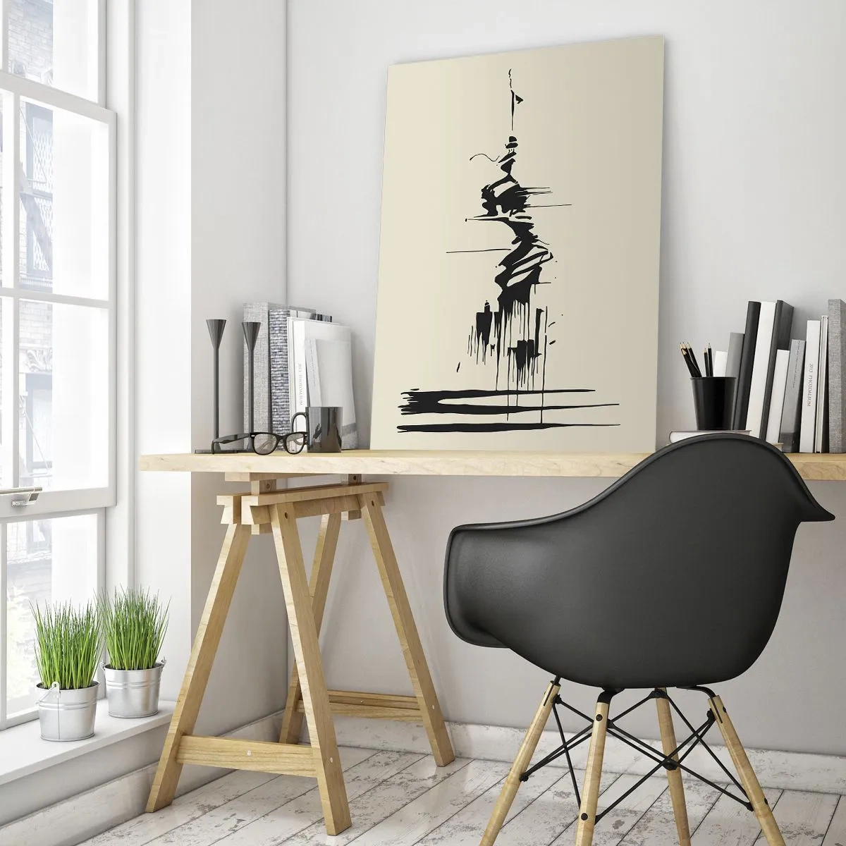 Quadro su vetro - Linee e punti neri dinamici su uno sfondo chiaro in stile astratto. - 50x70cm - Astrazione frettolosa - Decorazione murale moderna per soggiorno e camera da letto ARTTOR