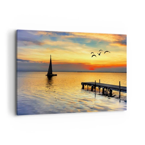 Quadro su tela - Stampe su Tela - Tramonto con barca a vela e molo su un lago calmo - 120x80cm - Il ritorno alla sera - Decorazione murale moderna per soggiorno e camera da letto ARTTOR
