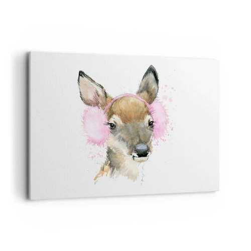 Quadro su tela - Stampe su Tela - Cervo acquerello con paraorecchie rosa - 100x70cm - E il gelo non mette più paura - Decorazione murale moderna per soggiorno e camera da letto ARTTOR