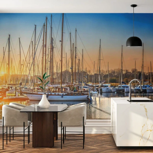 Fotomurali Premium Sand - Yacht e barche a vela nel porto al tramonto - 100x70cm - Anche il vento va a dormire - Decorazione murale moderna per soggiorno e camera da letto ARTTOR