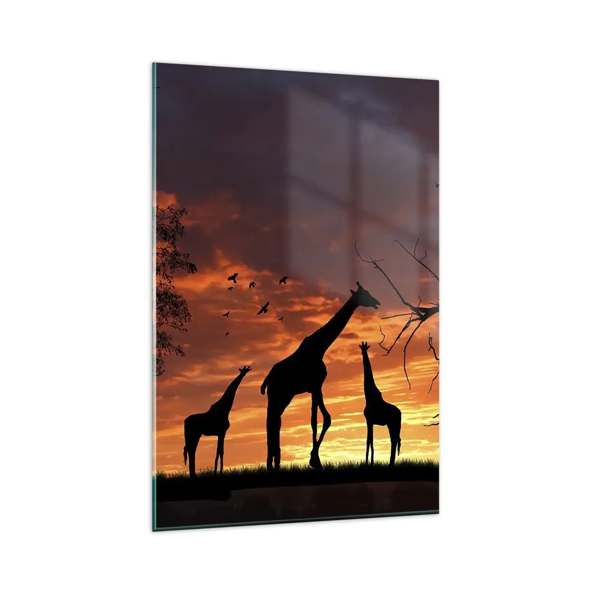 Quadro su vetro - Sagome di giraffe sullo sfondo del tramonto africano - 80x120cm - Piccola cena tra amici - Decorazione murale moderna per soggiorno e camera da letto ARTTOR