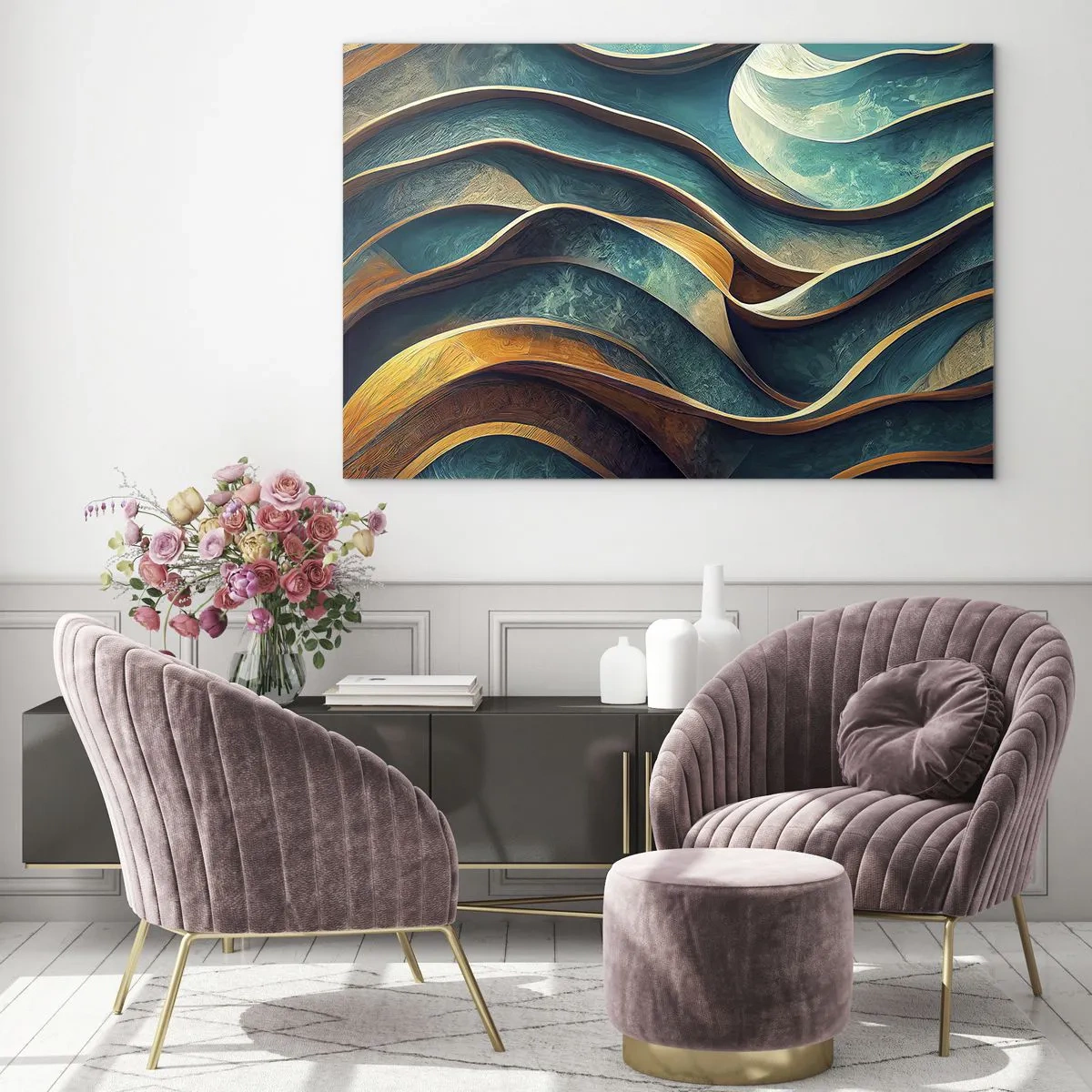 Quadro su vetro - Linee dinamiche in blu e rame che creano onde - 70x50cm - I meandri del blu - Decorazione murale moderna per soggiorno e camera da letto ARTTOR