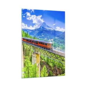 Quadro su vetro - Treno alpino su un ponte che domina una cascata - 50x70cm - Ferrovia alpina - Decorazione murale moderna per soggiorno e camera da letto ARTTOR