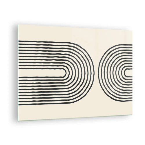 Quadro su vetro - Un dipinto astratto in bianco e nero raffigurante linee ad arco. - 70x50cm - Tra un attimo... - Decorazione murale moderna per soggiorno e camera da letto ARTTOR