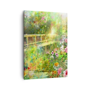 Quadro su tela - Stampe su Tela - Un ponte circondato da una vegetazione lussureggiante e fiori - 50x70cm - Il ponte dei sospiri primaverili - Decorazione murale moderna per soggiorno e camera da letto ARTTOR