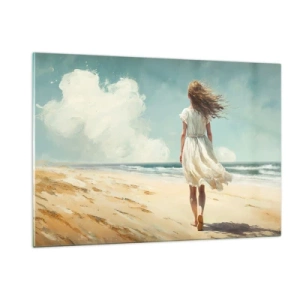 Quadro su vetro - Una donna in abito bianco cammina a piedi nudi su una spiaggia assolata - 120x80cm - Dove sole e vento si incontrano - Decorazione murale moderna per soggiorno e camera da letto ARTTOR