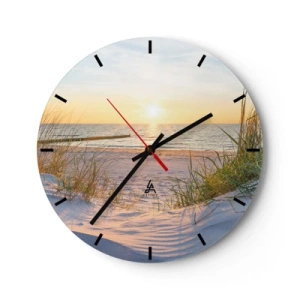 Orologio da parete - Orologio in Vetro - Spiaggia sabbiosa con alghe al tramonto - 30x30cm - Rumore del mare, uccelli che cantano, spiaggia selvatica tra i cespugli... - Decorazione murale moderna per soggiorno, cucina e camera da letto ARTTOR