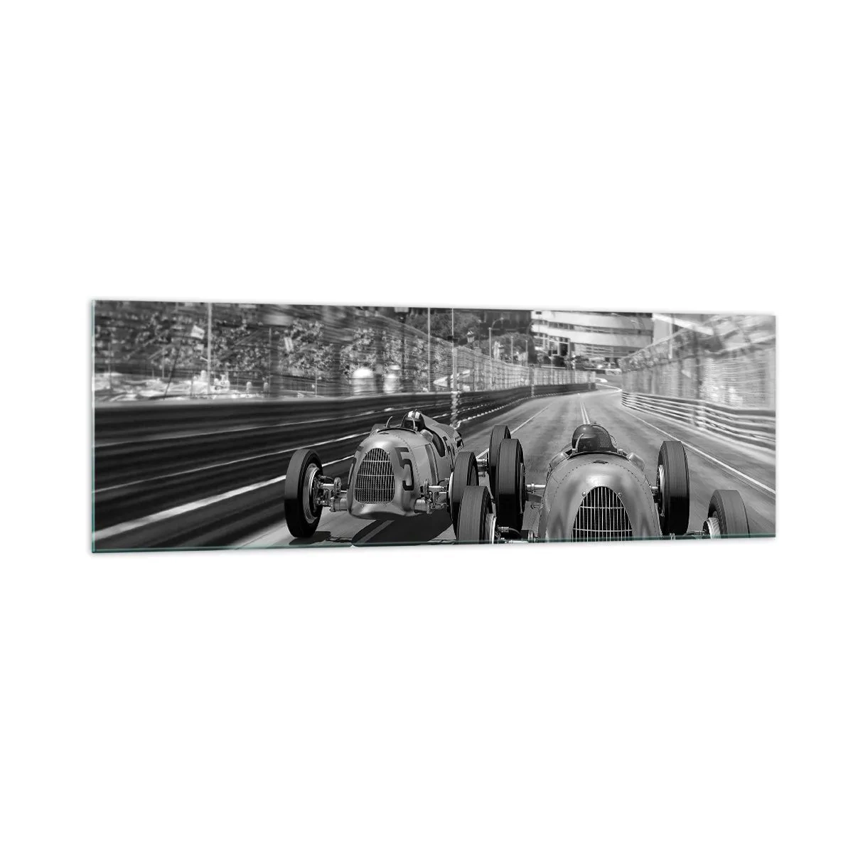 Quadro su vetro - Scena di gara automobilistica retrò monocromatica - 160x50cm - Tanto tempo fa a Montecarlo - Decorazione murale moderna per soggiorno e camera da letto ARTTOR