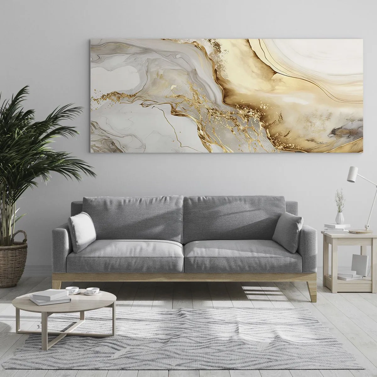 Quadro su vetro - Motivi astratti in oro e marmo su uno sfondo chiaro - 140x50cm - Astrazione: bellezza e bontà - Decorazione murale moderna per soggiorno e camera da letto ARTTOR