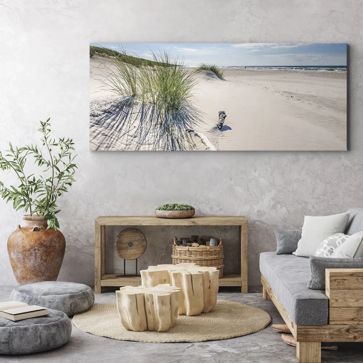 Quadro su tela - Stampe su Tela - Una spiaggia baltica con sabbia, erba e un cielo azzurro calmo - 120x50cm - La più bella? Quella del baltico - Decorazione murale moderna per soggiorno e camera da letto ARTTOR