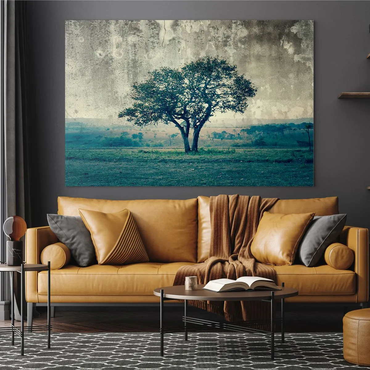 Quadro su vetro - Un albero solitario in un paesaggio d'epoca - 120x80cm - Un melo su un prato blu? - Decorazione murale moderna per soggiorno e camera da letto ARTTOR