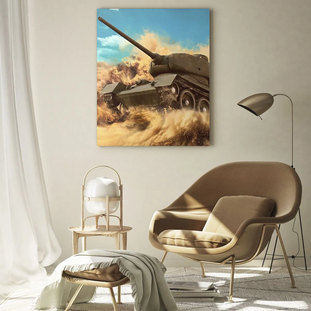 Quadro su vetro - Un carro armato in movimento in un deserto con polvere che vola e un cielo luminoso - 50x70cm - Imbattibile - Decorazione murale moderna per soggiorno e camera da letto ARTTOR