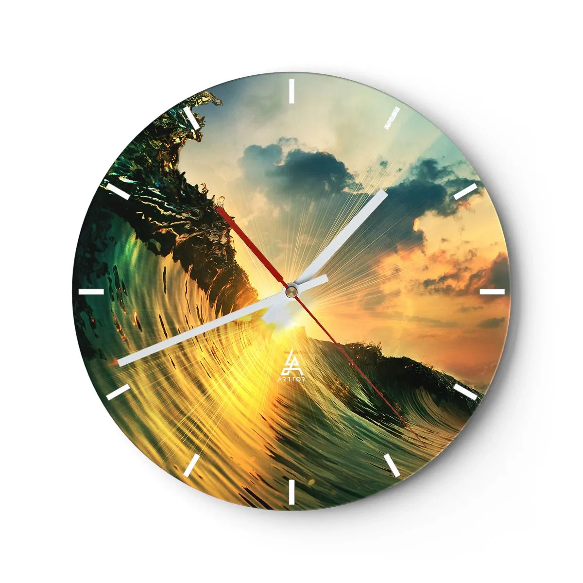 Orologio da parete - Orologio in Vetro - Un tramonto dorato catturato all'interno di un'onda del mare - 30x30cm - Surfista, dove sei? - Decorazione murale moderna per soggiorno, cucina e camera da letto ARTTOR