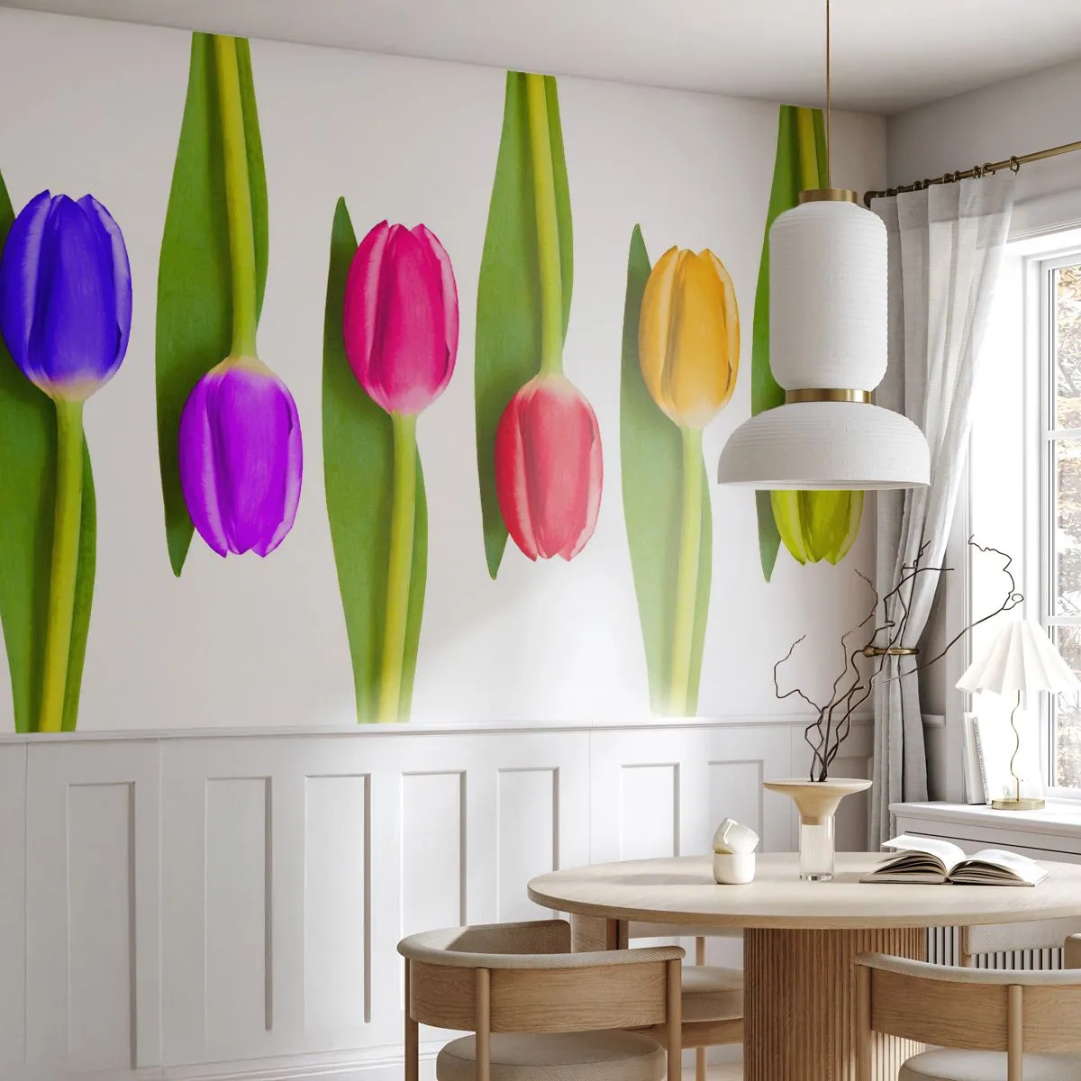 Fotomurali Premium Sand - Tulipani colorati su sfondo bianco in una disposizione minimalista - 100x70cm - Composizione arcobaleno - Decorazione murale moderna per soggiorno e camera da letto ARTTOR