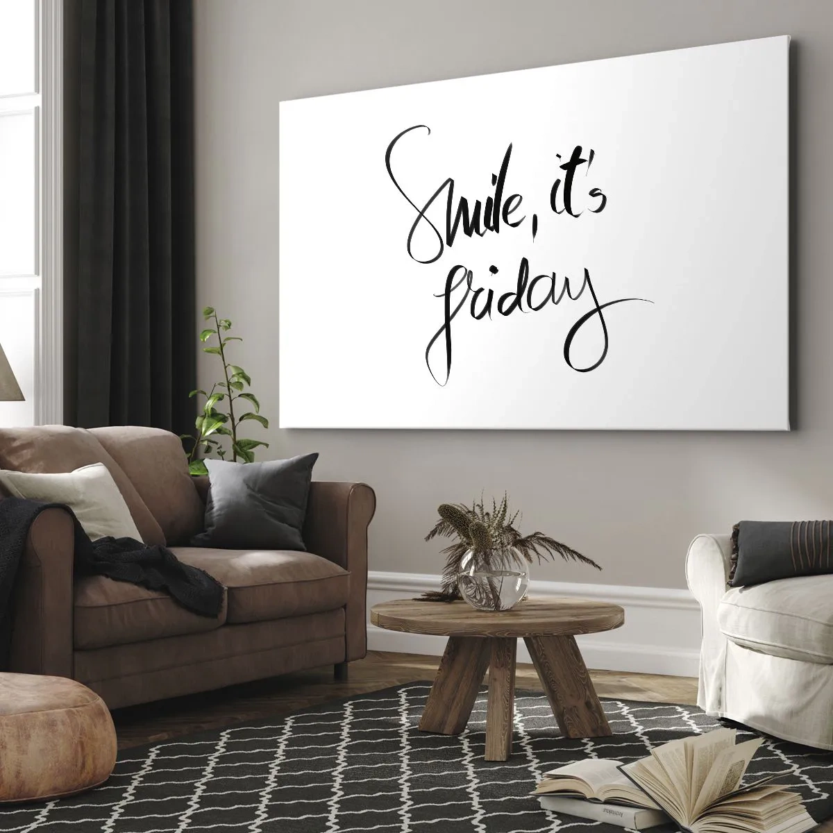 Quadro su tela - Stampe su Tela - Scritta in bianco e nero Sorridi, è venerdì - 70x50cm - Vera gioia - Decorazione murale moderna per soggiorno e camera da letto ARTTOR
